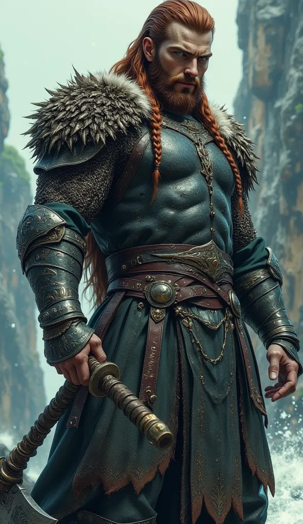 Viking warrior, intricate chainmail armor with leather accents and Norse runes, ancient battle axe with a polished wooden handle and a gleaming steel blade, long braided red hair adorned with bronze beads, realistic, cinematic angle, cinematic lighting, mu...