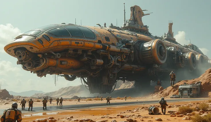 Ultra-Photorealistic Sci-Fi Masterpiece — 12K A colossal spaceship from the future, designed to transport troops, floats over an arid alien landscape. Its imposing structure has six huge lateral propellers, similar to a combat quadcopter, that generate a w...