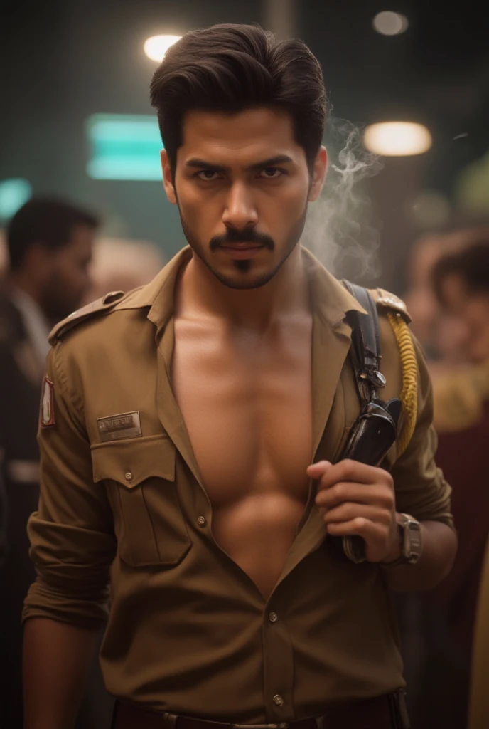 Indian hot adult brown handsome man with hot muscular body wear half button open Indian brown police dress smoking in the public 