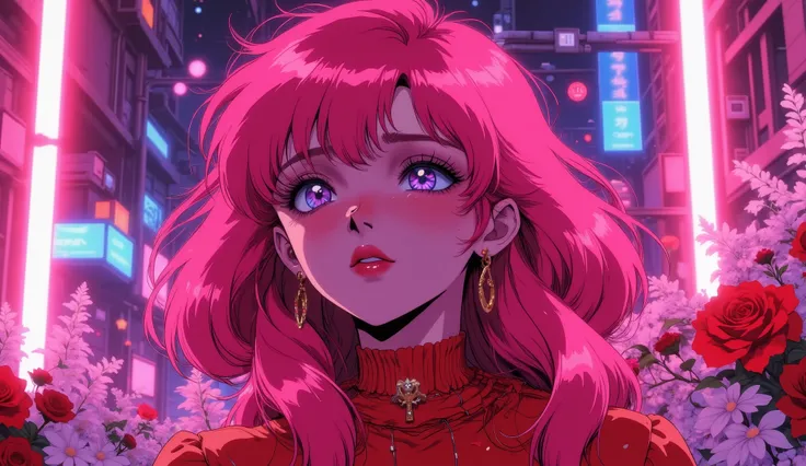 ((RAW photos), absurd, (absurd resolution)), masterpiece, best quality, (Extremely detailed 8k unity CG wallpaper), (best illustration), (best shade), Realistic lighting, brillo detallado y hermoso, (( 21 years old)), chica, long pink hair, flores, neon...