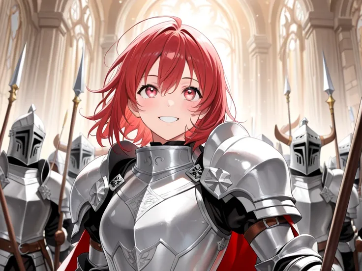 (masterpiece、high image quality、Best Quality:1.4)、The triumphant return of a young knight in his 20s wearing silver armor riding a large warhorse、is facing the front、Overwhelmed with emotion、Medieval citadel at sunset、Hold the tip of the spear in your righ...