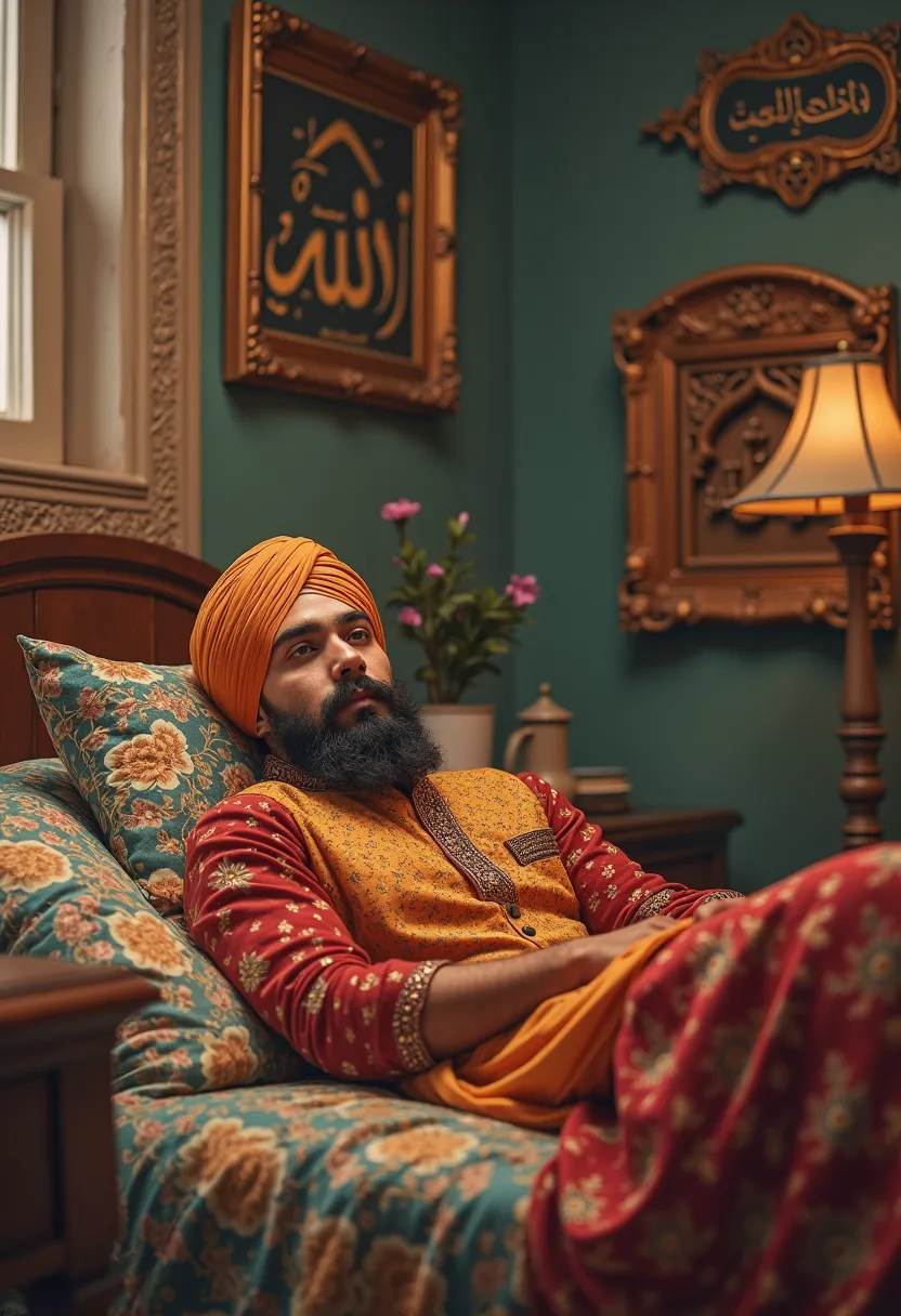 A  is lying on a bed wearing a hat and a Punjabi suit. The room is quite beautiful, and there is a signboard with Allah's name written on it. On more sign board with Muhammad name written on it. The boy looks very cute.