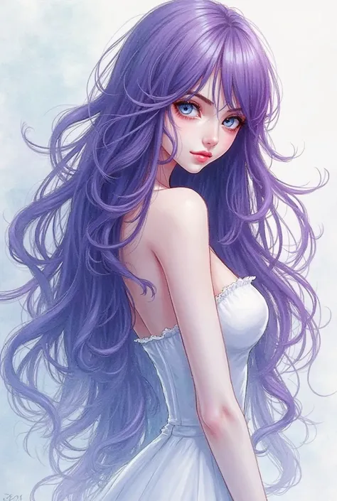 A pale woman with long thigh-length purple wavy hair with sharp blue eyes from her back looking over her shoulder in the watercolor Manhwa style