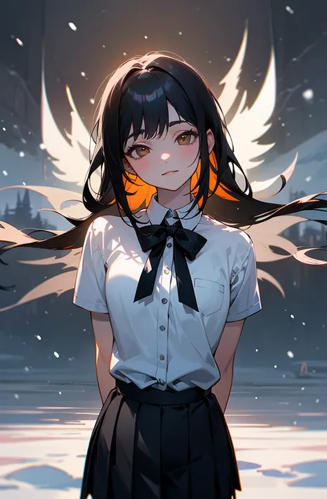 (Obra maestra, La mejor calidad, ultrahigh resolution), 1girl, standing, school uniform, white office shirt, black pleated skirt, (((black hair, dark black hair))), long hair cut, pale skin, ((brown eyes)), glowing_eyes, neon eyes, (ultra detailed eyes:0.7...