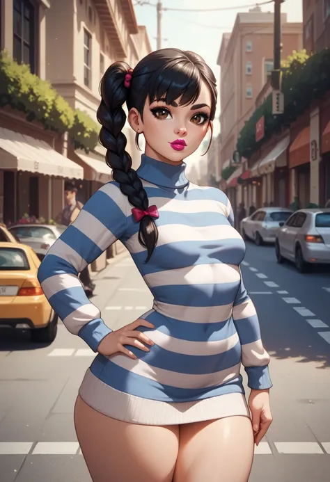 on street, perfect face, braided side ponytail, black hair, black eyebrows, thin eyebrows, big eyes, brown eyes, full lipstick, beautiful woman, striped sweater dress, small breasts, hand on hip, (thick thighs:1.2)