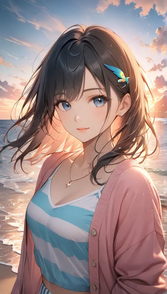 A masterpiece of the highest quality, the sea, the beach, the sunset, a girl, a blue parakeet, striped underwear, a pink cardigan, a necklace, a beautiful face, body, Tyndall phenomenon, edge lighting, two-tone lighting (high resolution: 1.2), 8k ultra hig...