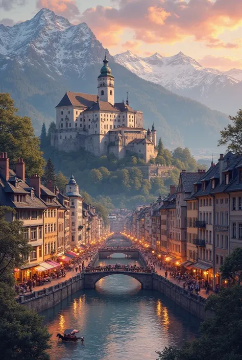 "A breathtaking, highly detailed digital painting of Salzburg, Austria. The image showcases the city's stunning baroque architecture, including the iconic Hohensalzburg Fortress perched on a hill, overlooking the picturesque old town. The Salzach River flo...