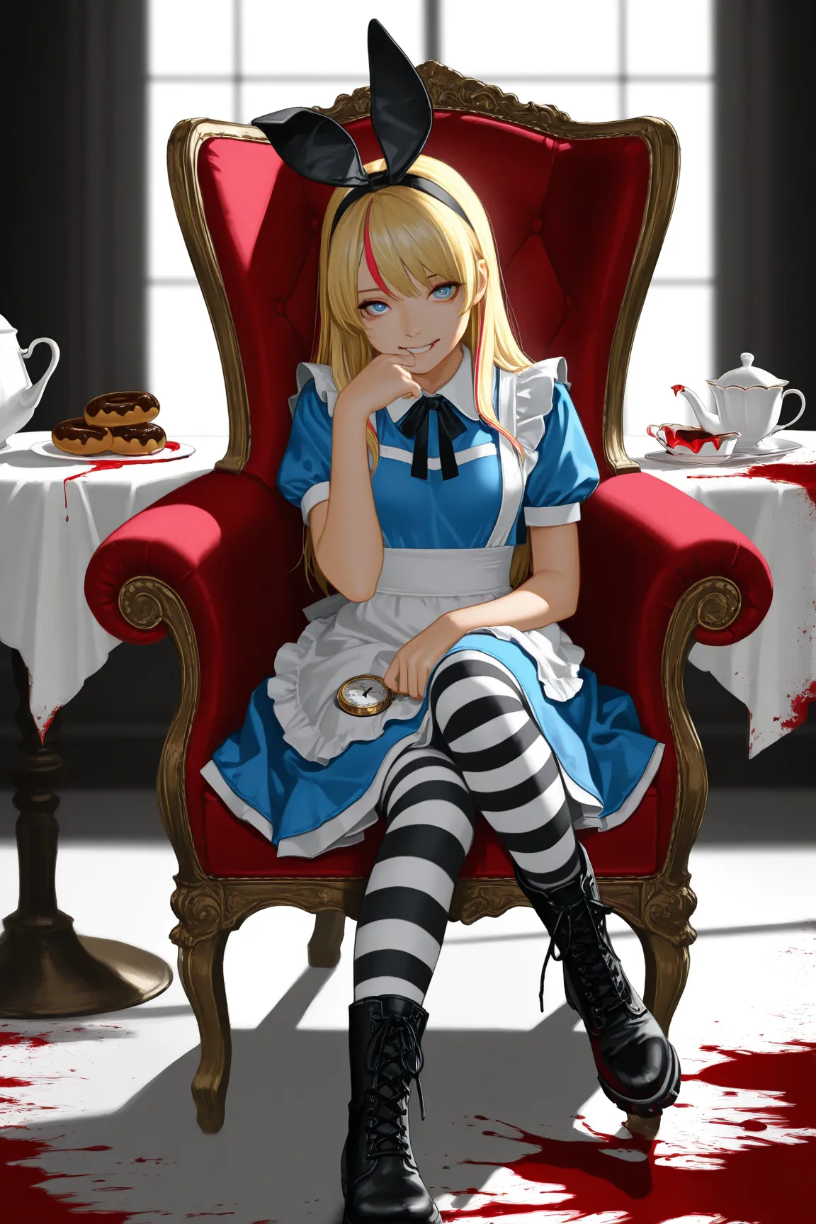 illustration, best quality, dramatic lighting,trk,masterpiece, best quality, ultra-detailed, photorealistic depiction of a twisted version of Alice in Wonderland. The character sits casually in a large, plush red chair, her pose relaxed but her expression ...