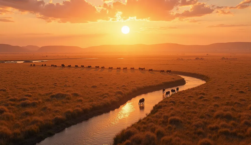 {
  " quickly ": "An ultra-realistic aerial view of a Broad golden savanna at sunset. An unspoiled prairie extends to the horizon,  bathed in warmth ,  Golden light. sparse shades of pink and purple. A meandering river meandering through this land, shining...