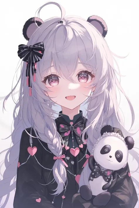 A cute anime girl with long, silvery-white hair styled in braids, adorned with black and pink heart-shaped accessories. She has big, sparkling eyes filled with warmth and joy, with a cheerful and radiant smile. She wears a black and white outfit with a got...