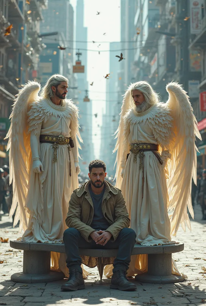 A male sitting on the bench in the streets of the city, accompanied by two male warriors in white robes with swords and wings