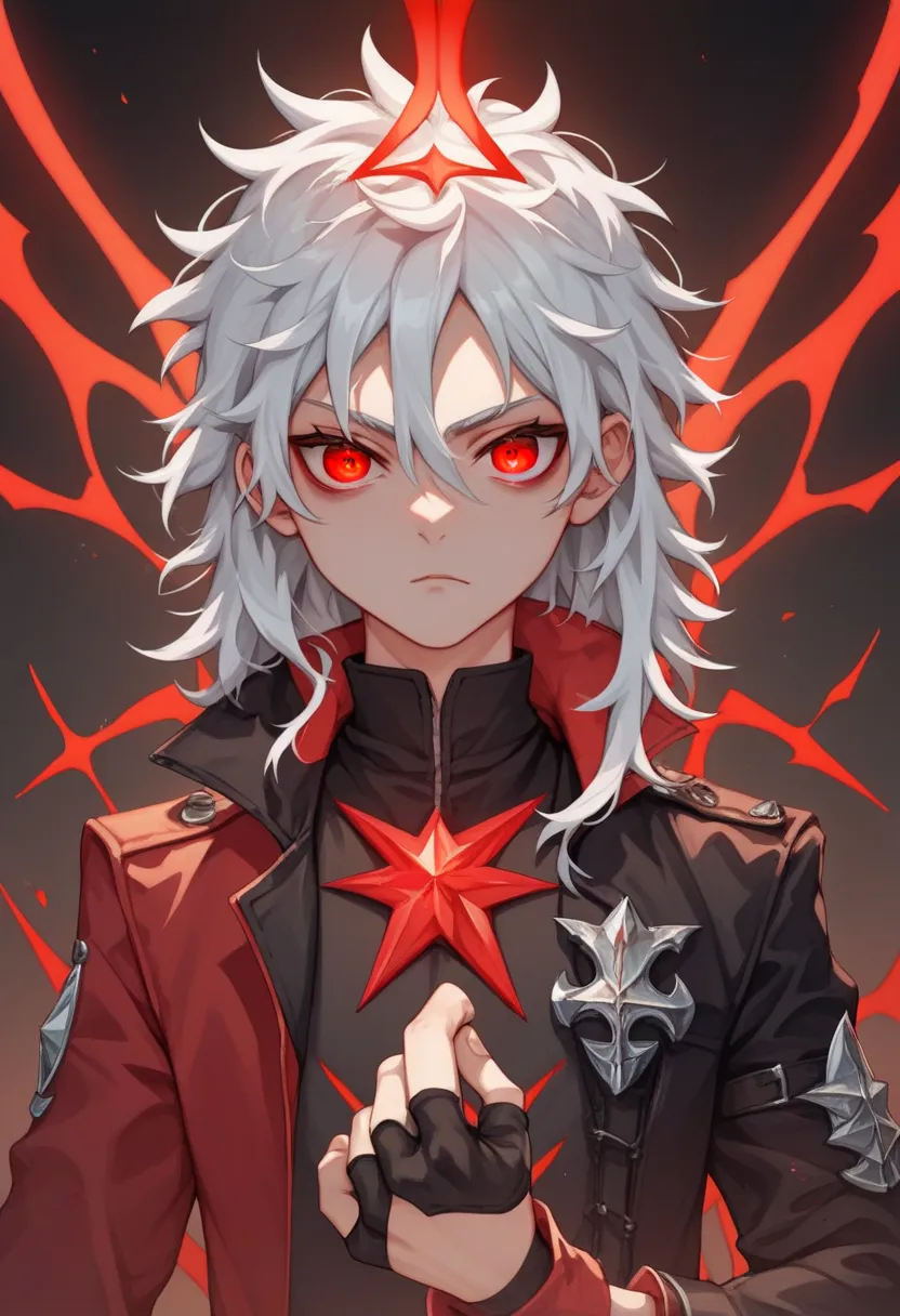 score_9, score_8_up, score_7_up, source_anime, best quality, clear face, male student, silver hair, crimson red eyes, medium, slightly messy hair, flat chest, perfect body, looking at viewer, intense expression, wearing a black and blood-red jacket with or...