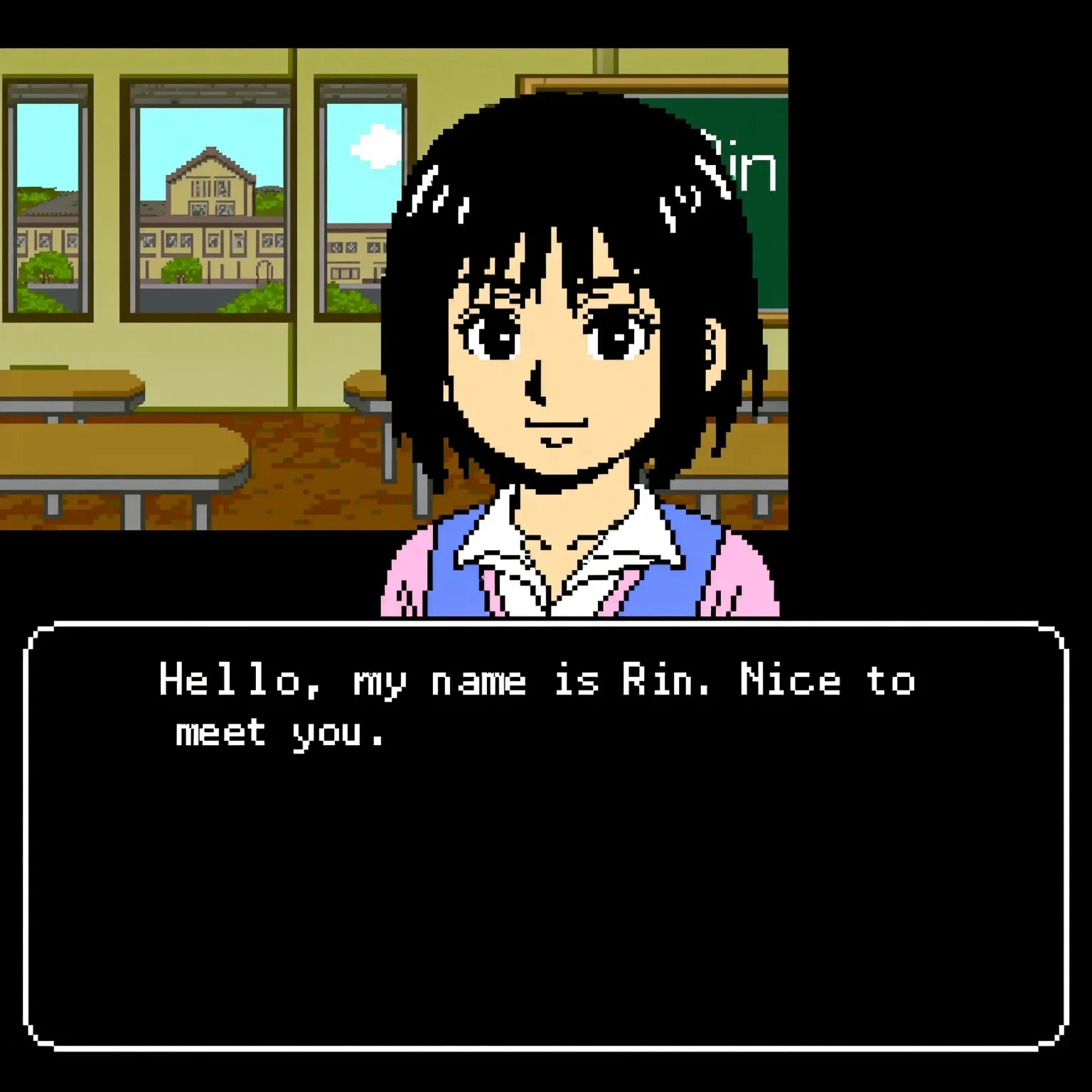 pixel art, visual is displayed on the upper screen, white border message window on lower screen, black background, Pixel font text "Hello, my name is Rin. Nice to meet you". pixel character, pixel_art character, girl, cute, looking at viewer, short hair, b...