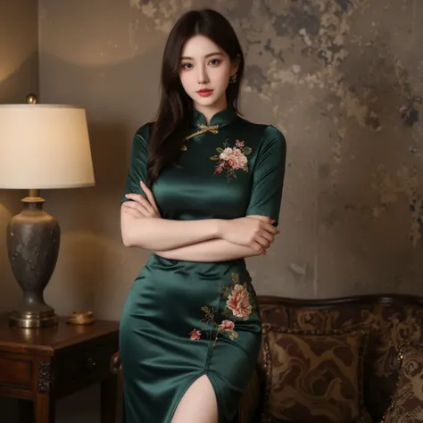 "A beautiful woman with a curvy figure, wearing a luxurious form-fitting qipao in deep emerald green with intricate floral embroidery and a high Mandarin collar. The dress is adorned with elegant golden trims along the edges, enhancing its sophistication. ...