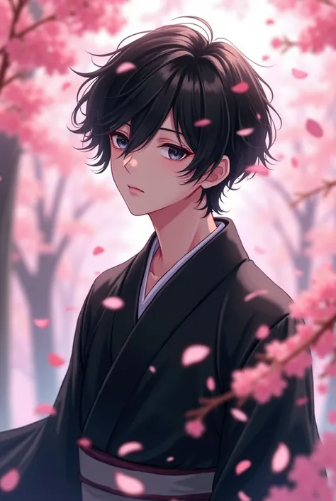 Wearing a cherry blossom blizzard、 black hair black eyes、hair is about shoulder length、 youth、 beauty、Say reception in BL、More anime style、male、black kimono、Kuro no Kazuki