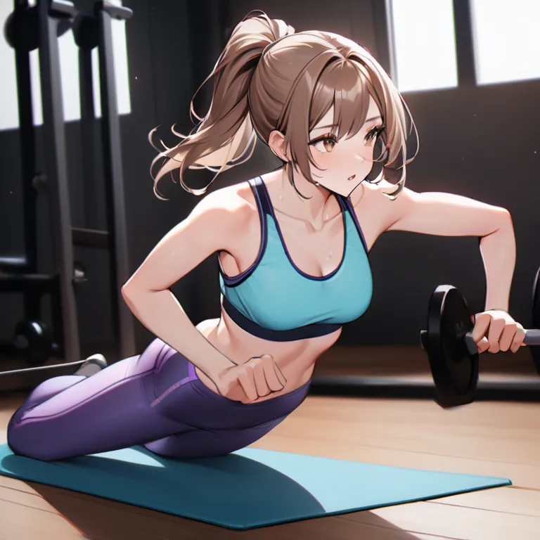 Abby is a young woman with brown eyes. Her long brown hair is gathered in the back of the head in a ponytail.

She practices her fitness workout in a turquoise sports bras and purple leggings, both tight‐fitting