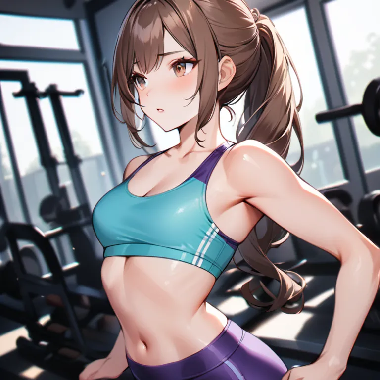 Abby is a young woman with brown eyes. Her long brown hair is gathered in the back of the head in a ponytail.

She practices her fitness workout in a turquoise sports bras and purple leggings, both tight‐fitting