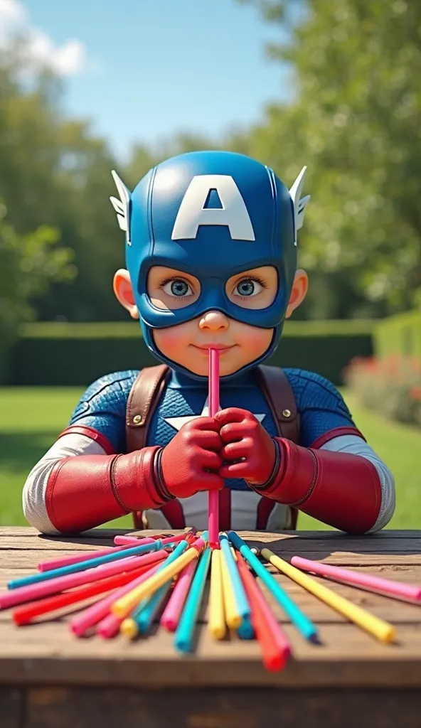 A medium-sized adult character resembling the famous Captain America in a signature suit of captain America Red blue with red shoes and a helmet emblazoned with the letter A resembling the famous captain, sitting at a wooden table in the open garden holdin...