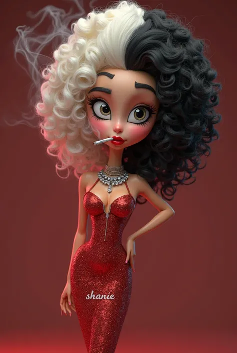 Cruella deville with her iconic black and white curly hairtyle, with no emotion on her face, as an stoner, with red lips, sexy body, 3D, Cartoon, Beautiful, smoking a fat cannabis joint, wearing an Daimond Sparkling red dress with the name shannie printed ...