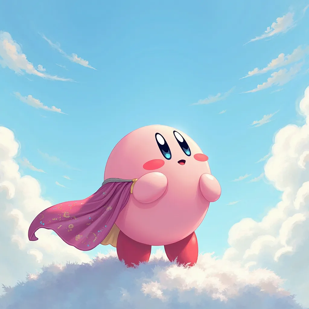 Kirby wearing a cape looking up at the sky 