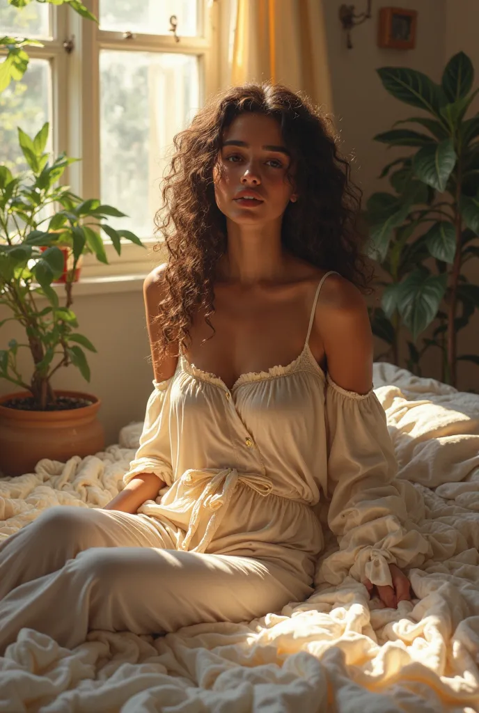 (photorealism:1.2), beautiful woman, sitting on bed, wearing loose off-shoulder top, pajama pants, long curly hair, indoors, soft lighting, plants in background, window with sunlight, cozy room, relaxed pose, realistic, intricate details, warm colors, by G...