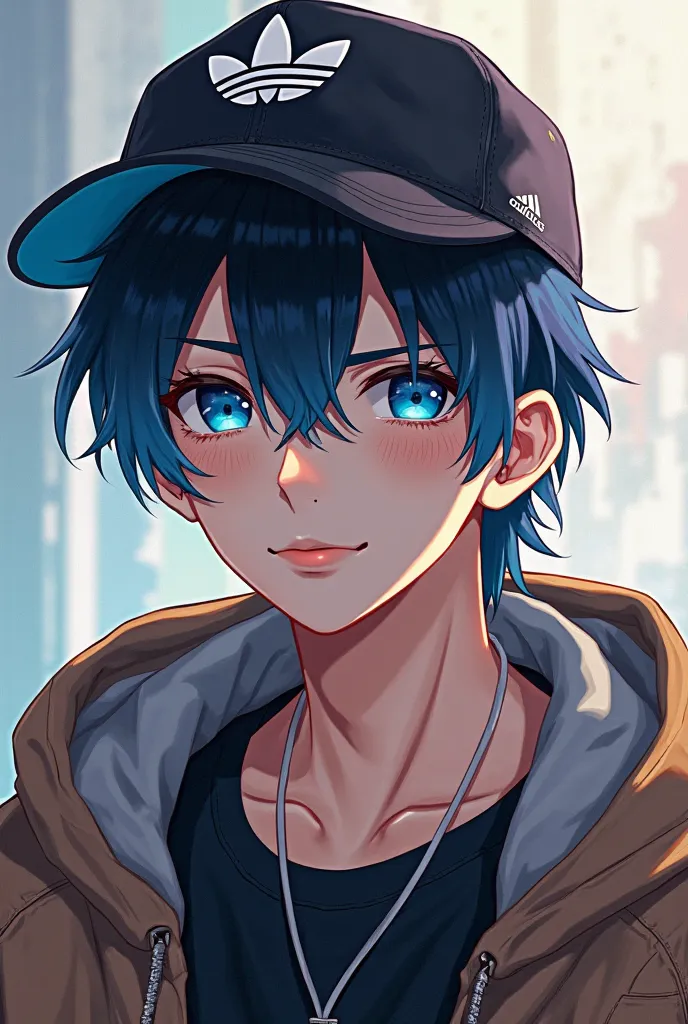 adult anime man of 29 years old with black hair and blue highlights and blue eyes and with Adidas cap and black shirt and brown jacket 