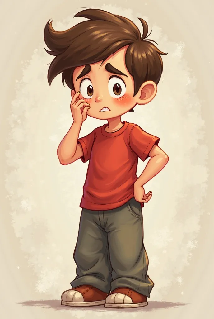 Son of Rabitz, with brown hair,  short stature, white skin,  brown eyes, wearing a red t-shirt and wide pants, with his hand on his face and blushing as if from a blow