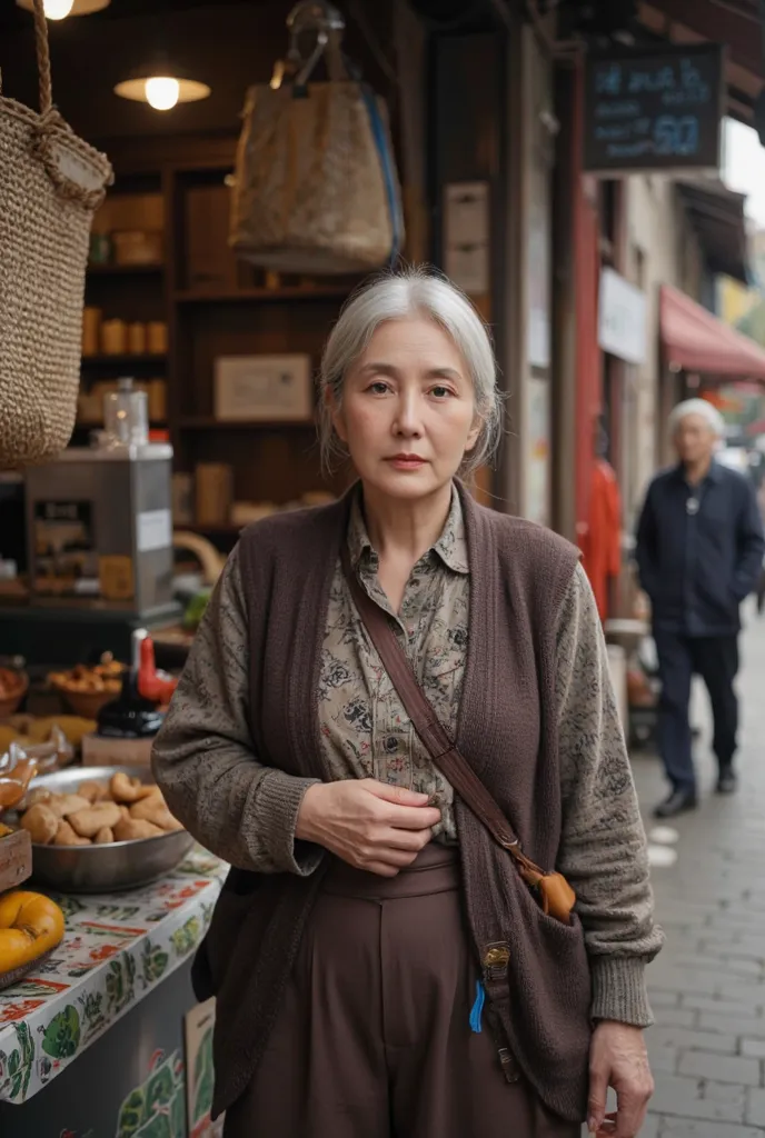 The 60-year-old mother stands in front of the stall