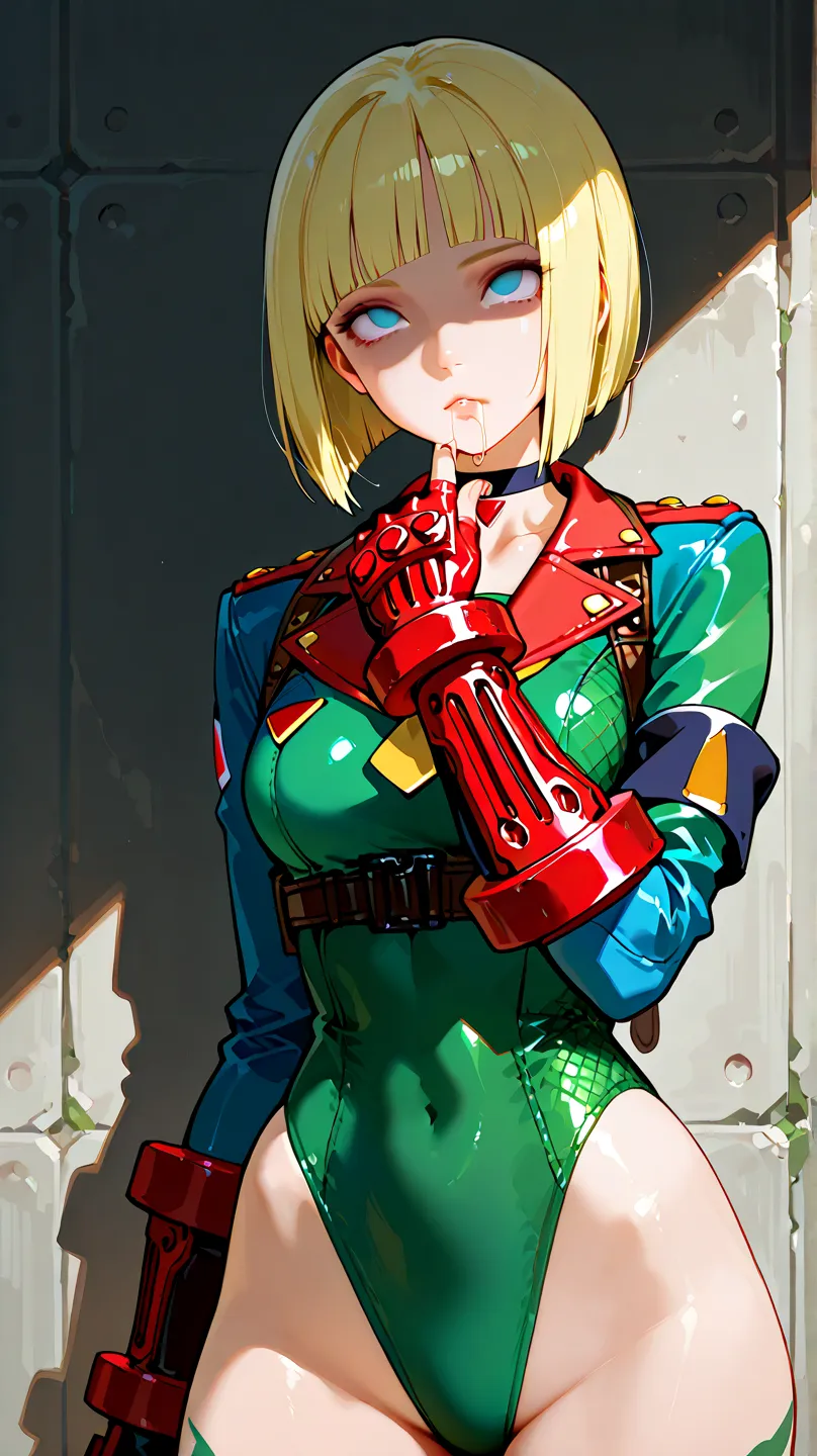 Cammy, neutral, expressionless, standing, looking at viewer, (((blunt cut, bob, blunt bangs, bob cut))), wiry, gloves, choker, body conscious,,Shaded face, drooling , saliva trail, rolling eyes, no pupils, 1girl, solo,