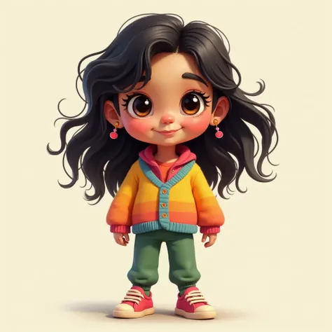 Light brown girl with loose and wavy dark hair, dressed in a rainbow cardigan and green pants with comber sneakers and funny earrings 