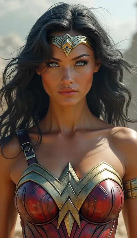 Super realistic Wonder Woman looking at camera,  with an angry face 