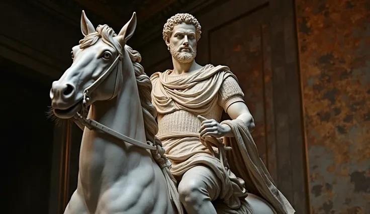 "Equestrian sculpture in white marble of Marcus Aurelius, mounted on an imposing horse. His expression is serene but powerful, with a noble and determined posture. The texture of the marble is smooth and realistic, with fine details on the armor and tunic....