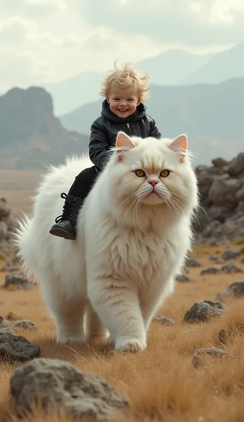 A smiling baby with short, tousled blond hair rides a massive Persian cat across a rugged, open landscape. The baby wears a black leather jacket, black pants, and sturdy black boots, sitting confidently on the cat’s fluffy back. The baby’s face is joyful a...