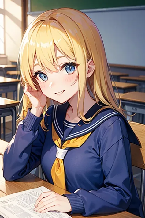    blond woman。I'm in the classroom。 is wearing a sailor suit。Smiling suspiciously。