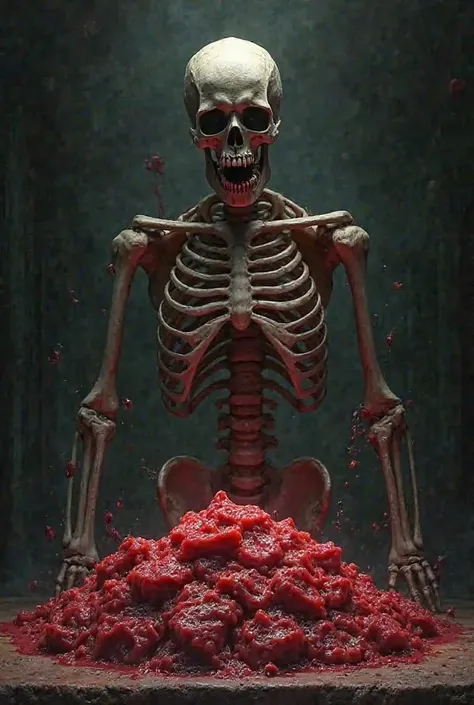 Skeleton in front of a pile of meat