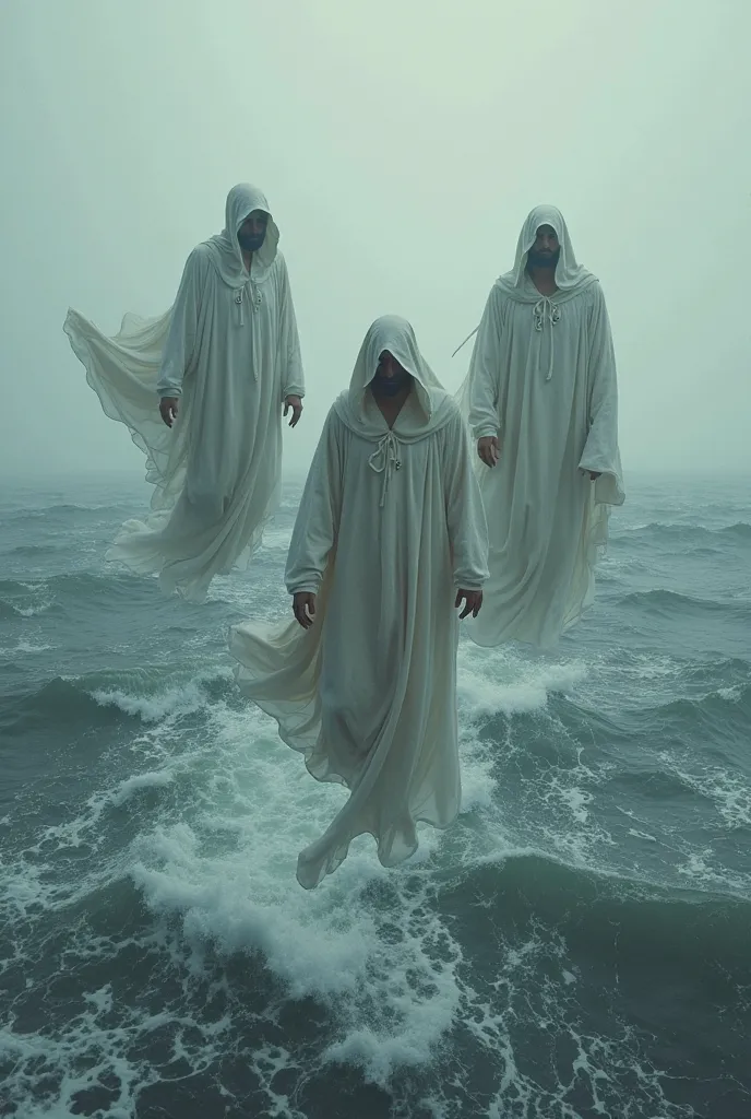 The three men in robes flew together over the surface of the undulating sea water ...