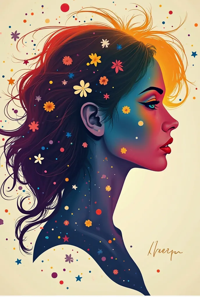 I would like a poster of the silhouette of a woman's face with her hair in the colors of the LGBT community and with some brooches in her hair 