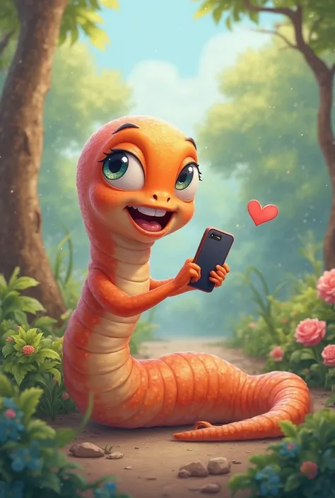 Flirty worm with a cell phone in his hand cartoon