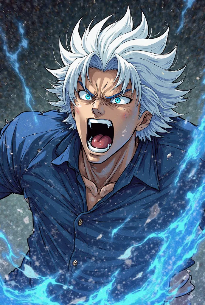 Create a manga panel of gojo screaming 