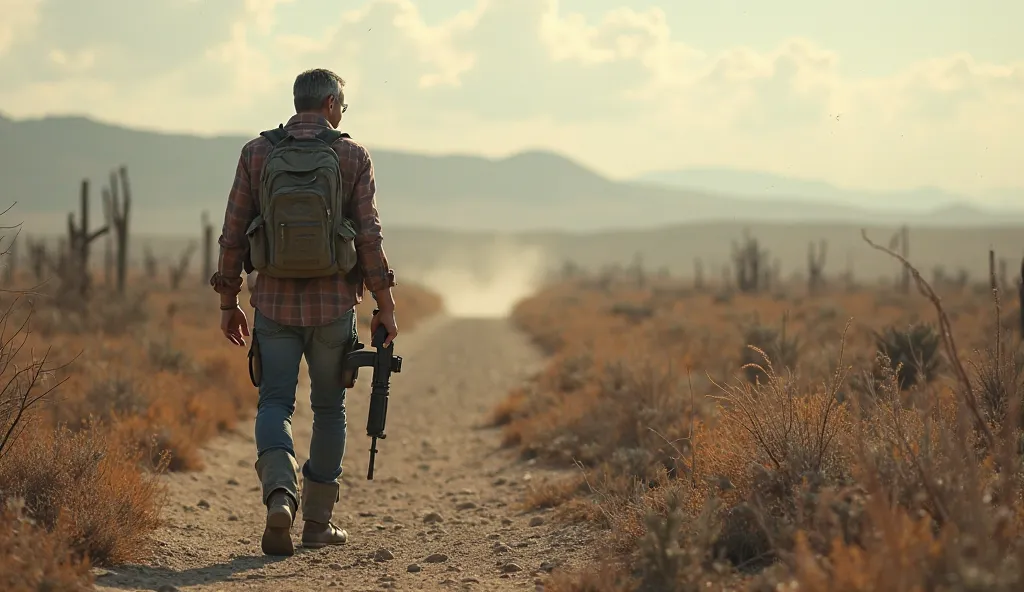 masterpiece, post-apocalyptic landscape where you can see a man walking along a desolate path, He is an attractive 46-year-old Latino man, He has a gray beard, wear jeans,  tactical boots and plaid shirt, He carries a backpack and an assault rifle in his h...