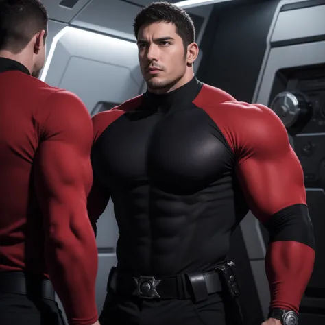 Super muscular man,  Open mouth and scream，Buzz Cut，on the Starship Enterprise, Wear a long-sleeved red and black collar tights, Thickened warm elastic texture，The expression is vapid and mindless, High collar long sleeve red and black turtleneck tights, v...