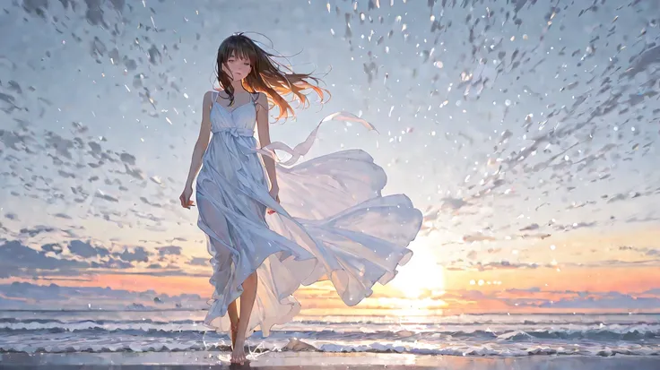 「Seaside of the sunrise、a woman walking barefoot by the waves。The white dress flutters in the wind、the morning sun gently shines on the hair。On the sandy beach underfoot、the waves quietly come and return。the sky gradation from orange to blue、Kiyoshi full o...