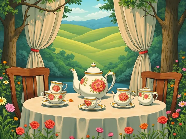 A vintage tea set. Studio Ghibli animation style. Blend of realism and fantasy with meticulous attention to detail. Vibrant color palette featuring soft, natural tones. Expressive character designs with emotive faces and relatable personalities. Intricate,...