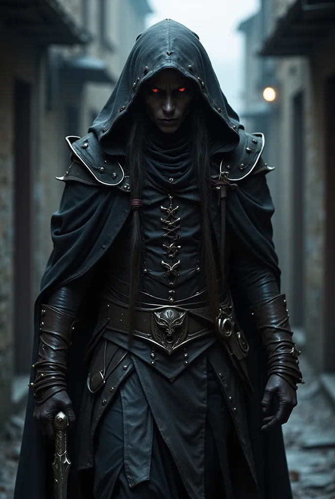 A male elf with all black skin and totally red eyes wearing Assassin's Creed leather clothing and wears a Shaulin monk's hoodie and pants 