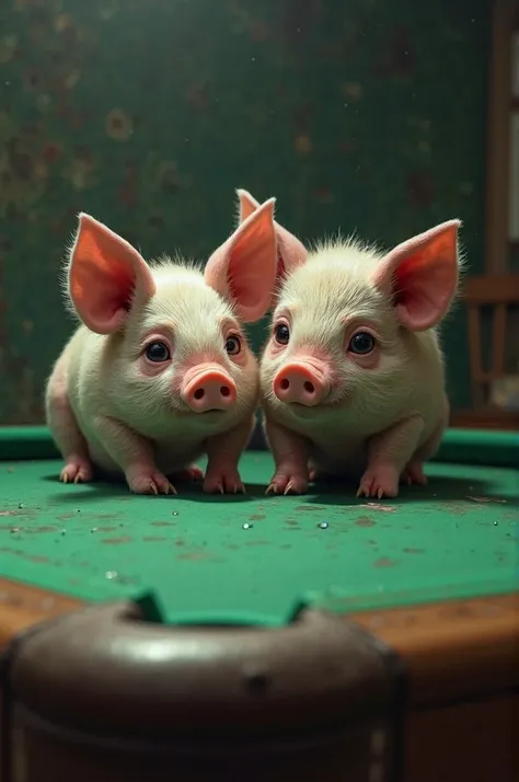 Create an image of two pigs crying on a pool table