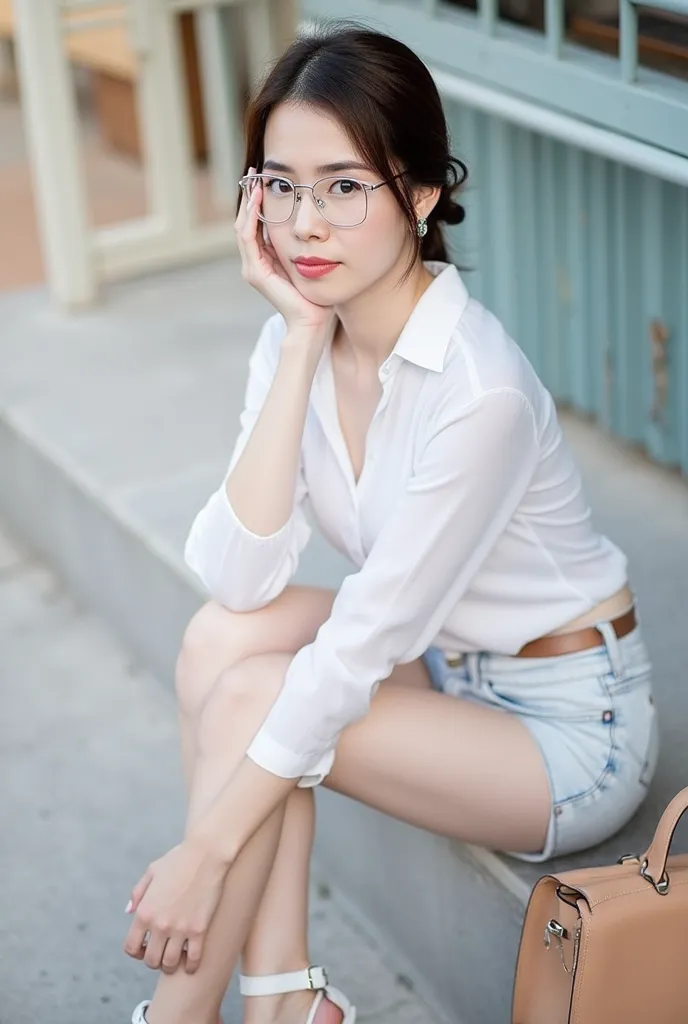 Young woman, 20-25 years old, Asian ethnicity, crouching, wearing a simple white, silky blouse, long sleeves, cropped top style, with a pair of stylish, white, ankle strap high-heeled sandals, showing off tanned legs. She wears minimalist, clear, rectangul...