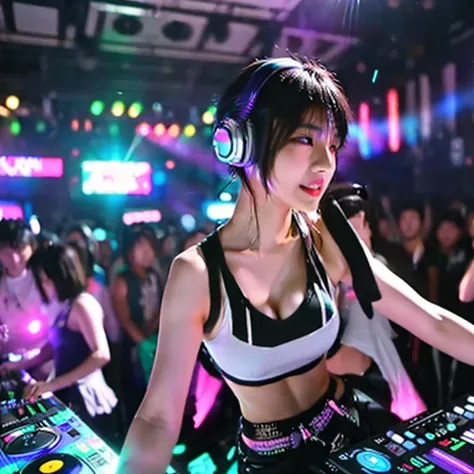 japanese woman,  dj, with headphone, in the club,  kawaii, ((very short cut:1.2)), crowds around, ((cyber punk, lighting effects1.2)), white tanktop,  ((DJ, dancing, on the stage:1.3))