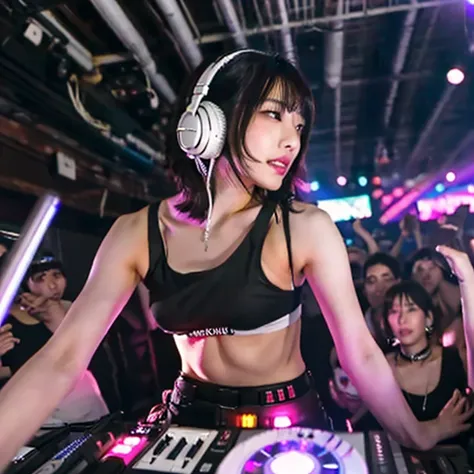 japanese woman,  dj, with headphone, in the club,  kawaii, ((very short cut:1.2)), crowds around, ((cyber punk, lighting effects1.2)), white tanktop,  ((DJ, dancing, on the stage:1.3))