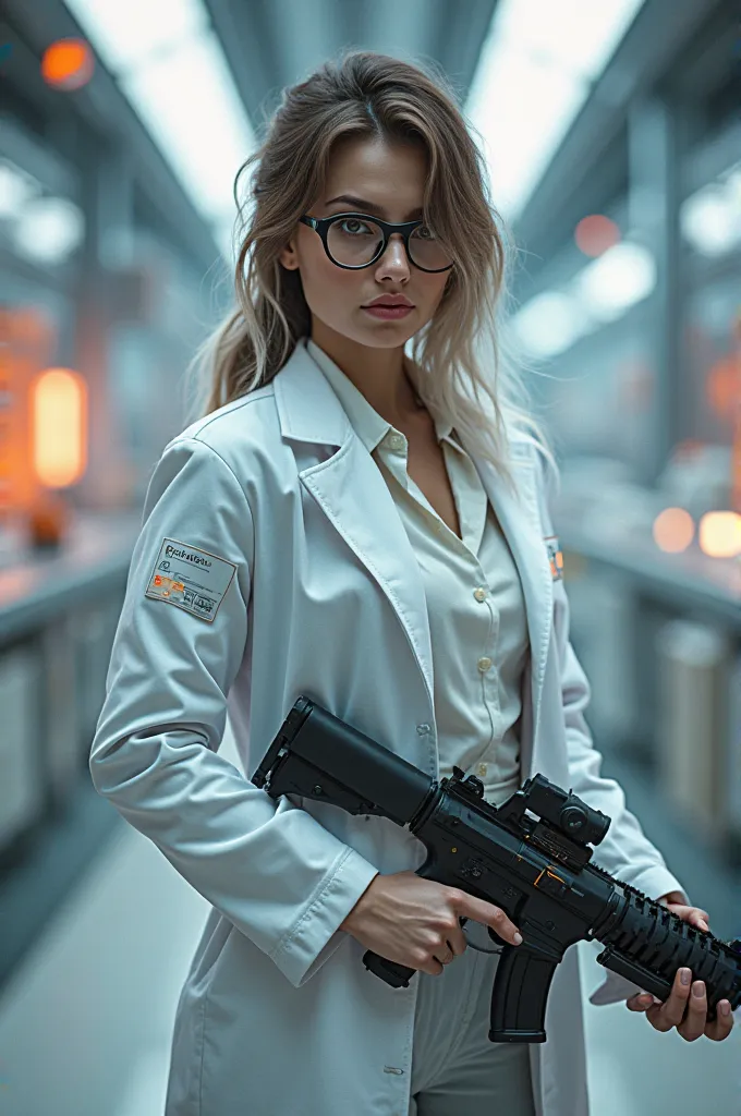 Woman with glasses, brown hair and a white lock, Wearing a laboratory suit, That it has futuristic-style weapons