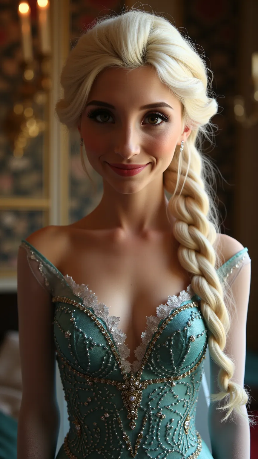 A stunning portrait of piper perrias Elsa smiling , she is sexy , queen of arendelle, young and beautiful, hyper realistic, real portrait, backlit, exquisite features, cleavage, sexy, seductive, interior or an ornate castle ballroom with high ceilings, sho...